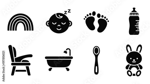 A collection of black glyph icons depicts baby related items including a rainbow sleep footprints and a bottle high quality professional