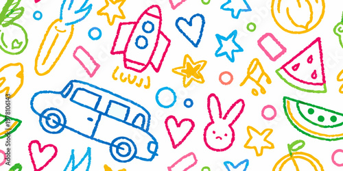 Colorful childlike drawings of fruits vehicles and playful shapes