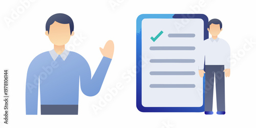 Man presenting information from a smartphone to a smaller version of himself