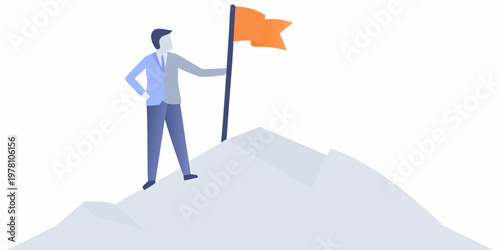 A stylized illustration of a man planting a flag on a mountain