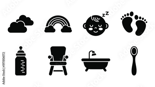 A collection of simple black glyphs depicts baby related items including feet a bottle and a sleeping infant high quality professional