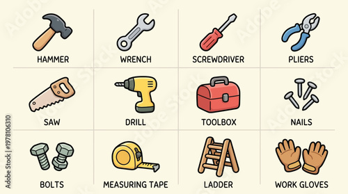 A colorful collection of cartoon-style illustrations depicting various common hand tools and DIY equipment, arranged in a grid.