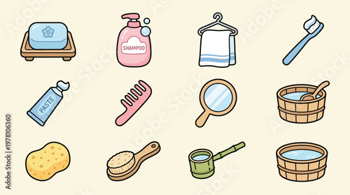 A collection of charming cartoon illustrations depicting various bathroom and hygiene items, presented in a clean, organized grid.