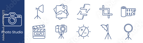 Photo studio set icon. Collection with softbox light, photo stack, crop hands, alignment tool, film roll, clapperboard, camera tripod, exposure dial, umbrella light, ring light.