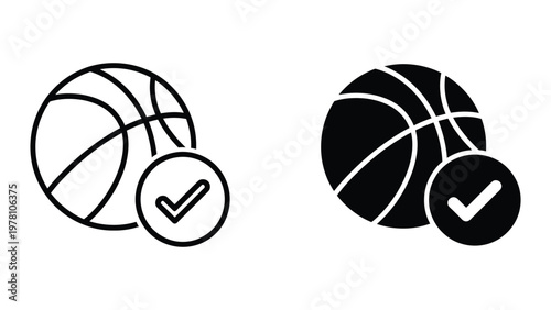 Basketball icons with confirmation checkmarks in contrasting styles