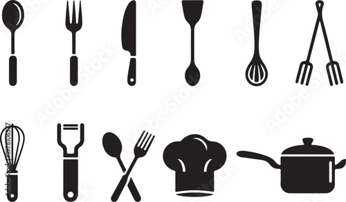 Kitchen and cooking black icons set including oven clock chef hat utensils pots pans ,Cooking Tools Silhouette Collection