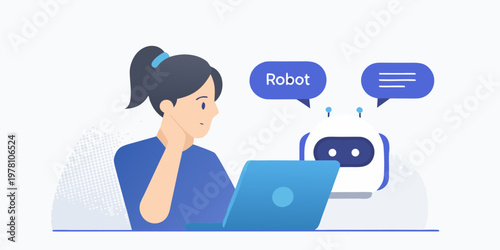 Woman interacting with a small robot and using a laptop computer