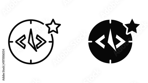 Contrast of coding symbols within circular badges featuring a star accent