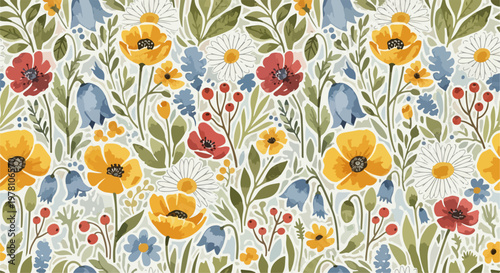 Lively seamless flower print combining stylized blooms, leafy vines, and decorative dots in a fun handcrafted folk-art composition.