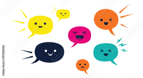 Colorful emoticon faces, chat bubble icons, emoticons set, vector expressions