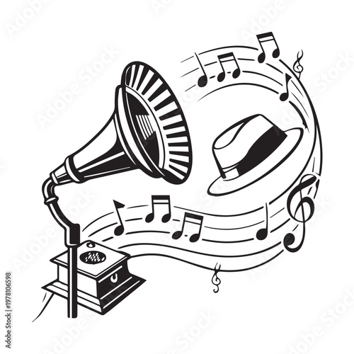   Black and white illustration of vintage gramophone with musical notes treble clef and floating fedora hat