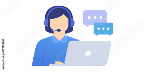 Customer support representative working with a laptop and communication bubbles