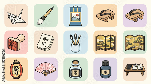 A collection of Japanese cultural icons and art supplies arranged in a grid on a light background.