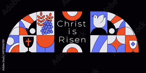 Stained glass style illustration proclaiming christ is risen message