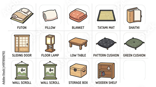 A collection of Japanese decor items, including a futon, pillow, blanket, tatami mat, shoji screen, sliding door, floor lamp, low table, cushions, wall scrolls, storage box, and wooden shelf.