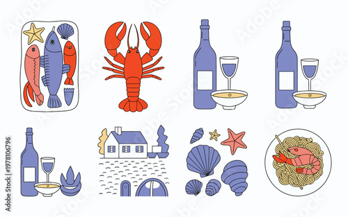 A Collection of Coastal and Culinary Delights: Seafood, Wine, and Seaside Scenes Isolate PNG