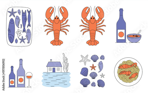 Collection of Seafood and Coastal Themed with Food and Drink Isolate PNG
