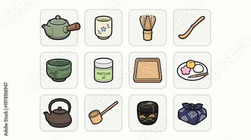 Collection of Japanese tea ceremony utensils and sweets, presented in a grid layout.