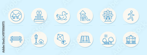 Park recreation set icon. Blue outline badges, dog leash ban, fountain, duck, playground slide, ferris wheel, running figure, bench, street lamp, kite, swing, trees sun, gazebo