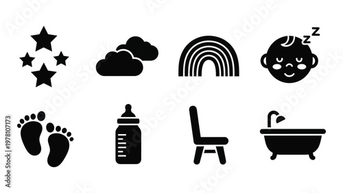 A collection of simple black icons depicts baby related objects like stars a rainbow footprints and a bathtub high quality professional