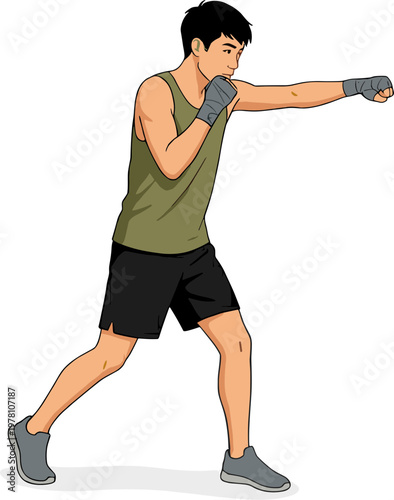 Man wearing gray boxing gloves punches in a fighting stance with green sleeveless shirt