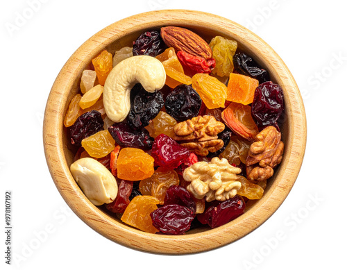 Dry fruit mix wooden bowl top view isolated transparent background healthy snack illustration design