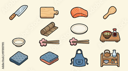 A collection of Japanese culinary tools and ingredients, including a knife, cutting board, salmon, rice spoon, sushi mat, plates, bowls, chopsticks, apron, and a shelf with tea set.