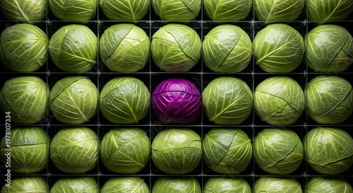 Green cabbages arranged with one purple cabbage showing contrast