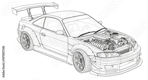 Detailed Technical Drawing of a Sports Car Engine and Body.