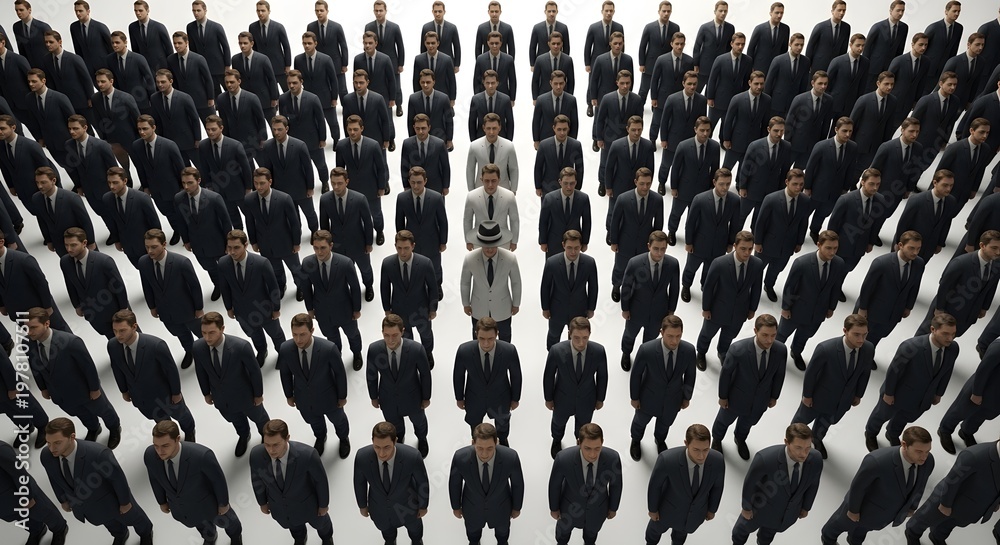 Fototapeta premium Large group of people in suits with one person standing out