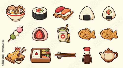 A delightful collection of Japanese food illustrations, featuring ramen, sushi, onigiri, mochi, tempura, and more, presented in a charming, cartoonish style.