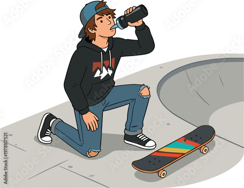 Young man skateboarder takes a refreshing drink at the skate park.