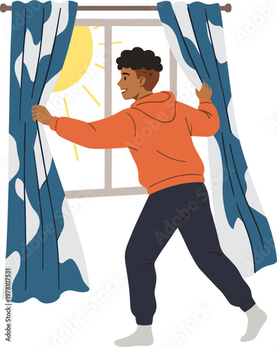 Man opens blue curtains to reveal sunny day outside window