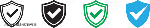Shield with check mark icons in line and flat style for security, protection and defense design.