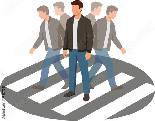 Man crossing street with multiple steps on pedestrian crossing safely