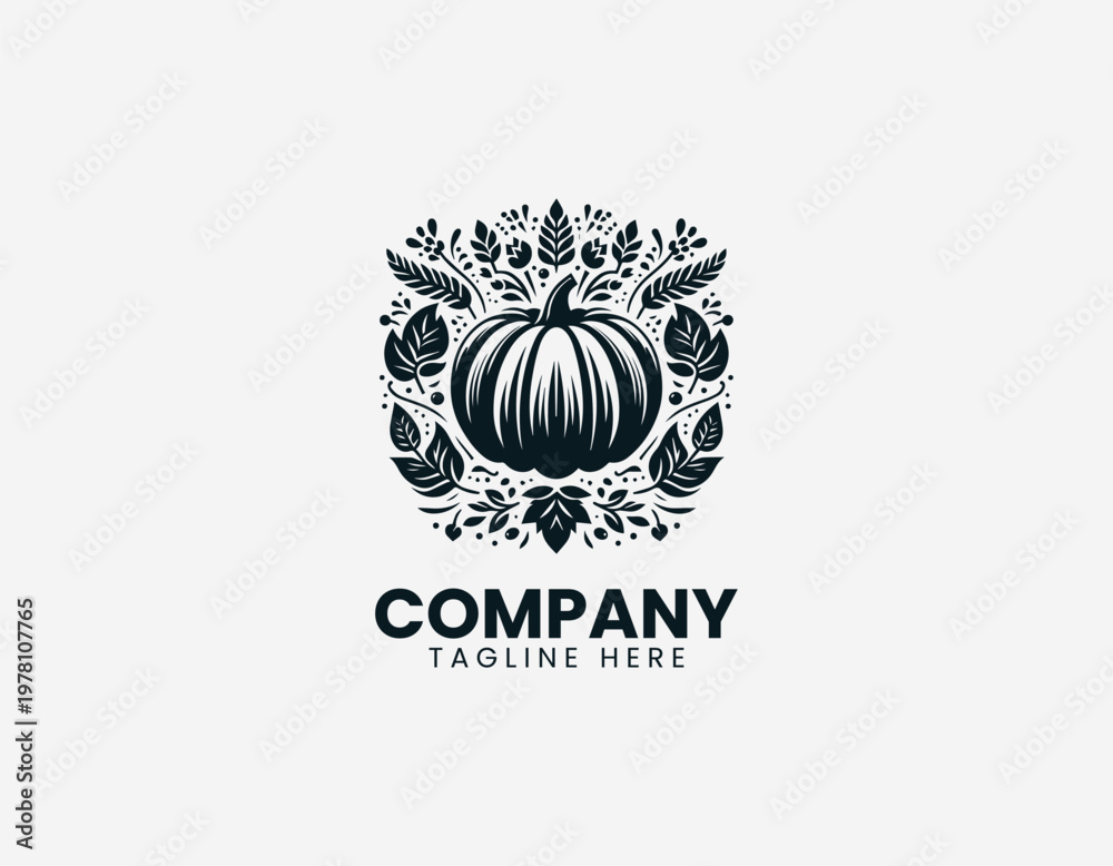 Fototapeta premium Pumpkin with decorative leaves is arranged in bold clean botanical black vector logo style on white background