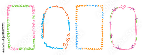 Clean simple frames with pastel scribble lines and playful look. Crayon kindergarten frame set ideal for school projects and kids photo layouts.