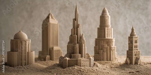 Miniature cityscape made of sand, featuring detailed skyscrapers and architectural structures on a sandy base.