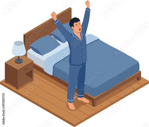 Man in pajamas stretches on bed in bedroom with nightstand