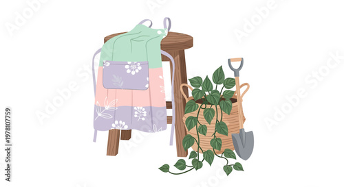 A delightful illustration featuring a striped apron on a wooden stool, next to a basket with a potted plant and shovel, symbolizing the joy of gardening at home