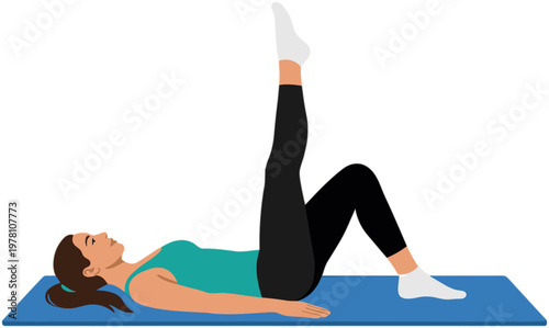 Woman performing leg raise exercise on blue mat in fitness class