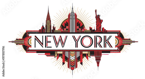 Photography Art Deco New York City Skyline Graphic with Iconic Landmarks