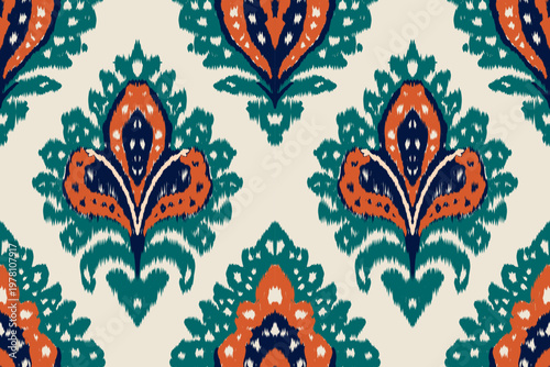 Seamless ikat pattern with ethnic geometric motifs in bold tribal style.