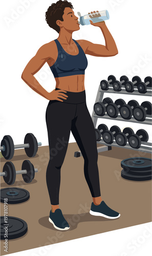 A woman drinks water while exercising with dumbbells at the gym.