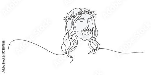 single line jesus face.continuous line drawing of jesus with calm expression and gentle gaze.spiritual faith concept.one line vector illustration.