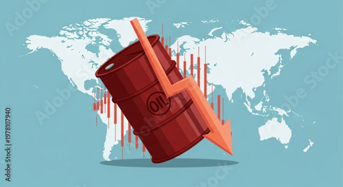 Oil barrel with downward arrow and stock chart on world map.
