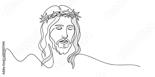 single line jesus face.continuous line drawing of jesus with calm expression and gentle gaze.spiritual faith concept.one line vector illustration.
