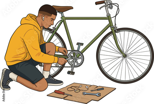 A man repairing a bicycle with tools on a board indoors.