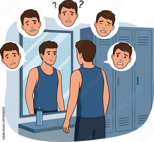 Man sees multiple worried faces in his thoughts while looking at himself in a mirror.