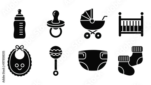 A collection of black silhouette icons depicting essential baby items including bottles a crib and clothing high quality professional detailed modern